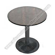 plywood round cafe tables_wood restaurant tables 1219_Coffee room round fireproof laminate with plywood dark color retro cafe tables with chrysanthemum iron table base