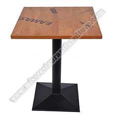 laminate fast food tables_wood restaurant tables 1235_Wholesale square 2 seater laminate fast food dining tables with trapezoid cast iron table base