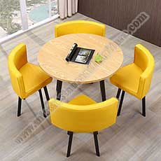 modern round table and chairs_restaurant table and chairs 3017_Modern cafeteria dinner yellow leather chairs and round wood table set, solid wooden round table and leather cafe room chairs