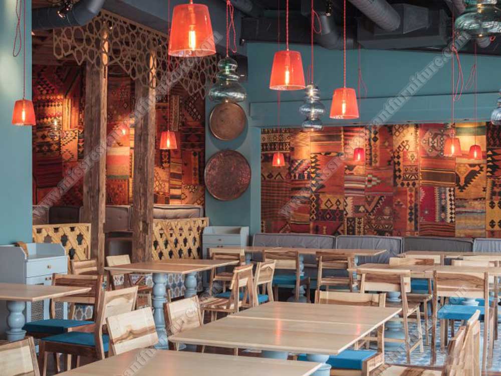 Australia Mad Mex restaurant_antique square wood dining tables and simple wood restaurant chairs