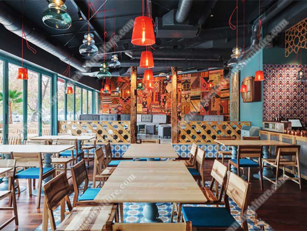 Australia Mad Mex restaurant_antique square wood dining tables and simple wood restaurant chairs
