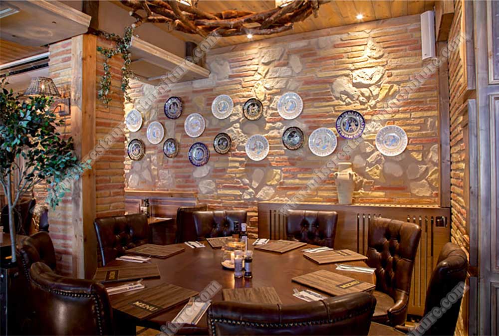 Italy luodesi restaurant furniture_antique round wood table and leather button high back chairs