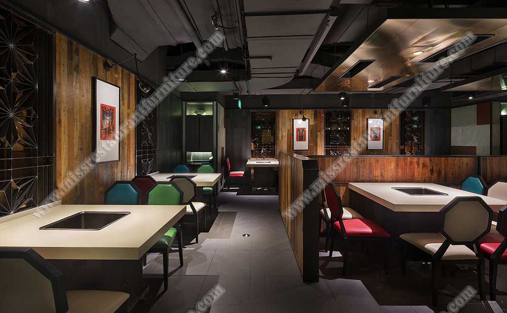 Hongkong Haidilao hot pot restaurant furniture_square smokeless hot pot table and colorful leather dining chairs set
