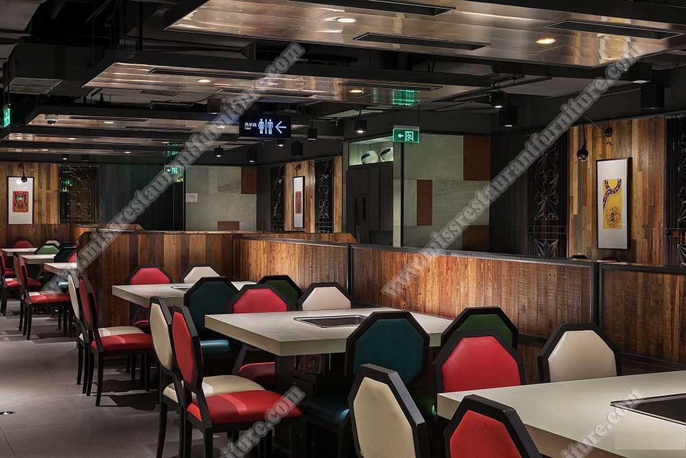 Hongkong Haidilao hot pot restaurant furniture_square smokeless hot pot table and colorful leather dining chairs set