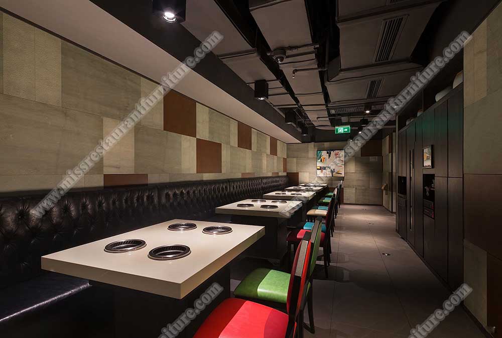 Hongkong Haidilao hot pot restaurant furniture_marble hot pot table and leather chairs, long button dining booth seating set