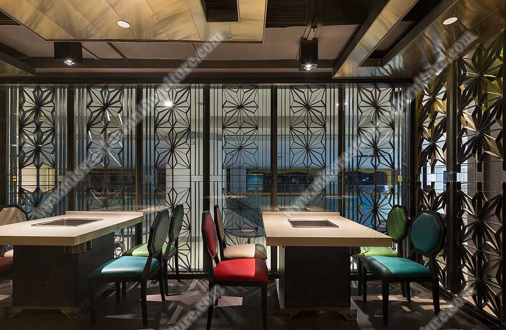 Hongkong Haidilao hot pot restaurant furniture_smokeless hot pot table and colorful leather dining chairs set