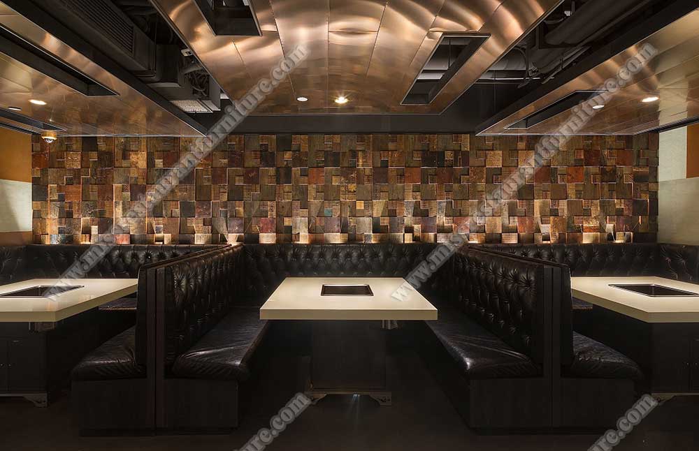 Hongkong Haidilao hot pot restaurant furniture_marble hot pot table and U shape button lether dining booth sofas