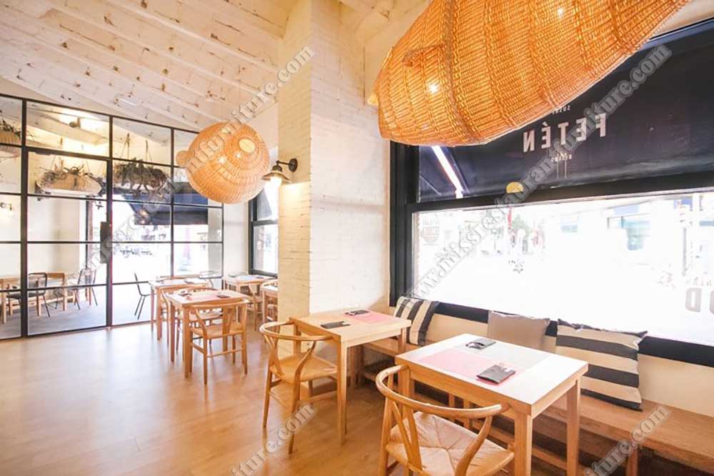 Japan Feten sushi restaurant furniture_square wood restaurant table and wood wishbone chairs, wood long bench