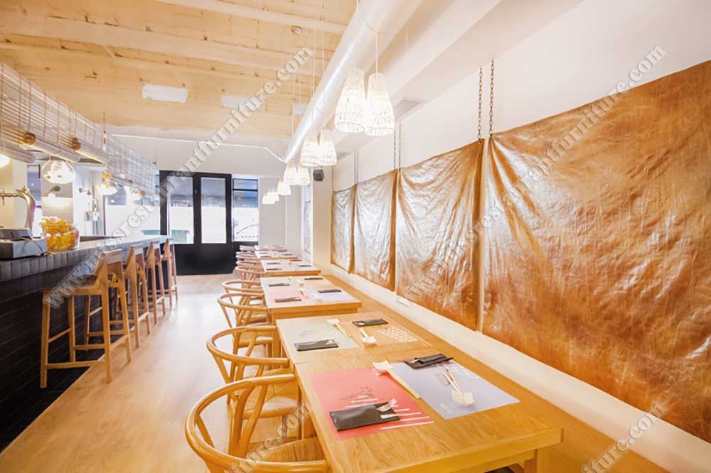 Japan Feten sushi restaurant furniture_square wood restaurant table and wood wishbone chairs, wood long bench
