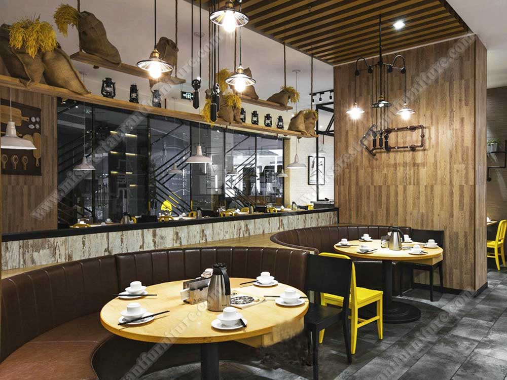 Hongkong jiumaojiu restaurant furniture_round wood table and stripe leather restaurant booth seating