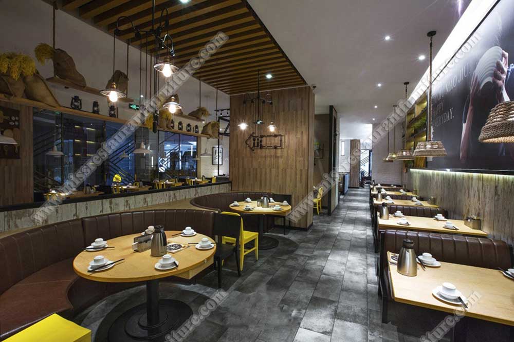 Hongkong jiumaojiu restaurant furniture_wood restaurant table and stripe dining booth seating set