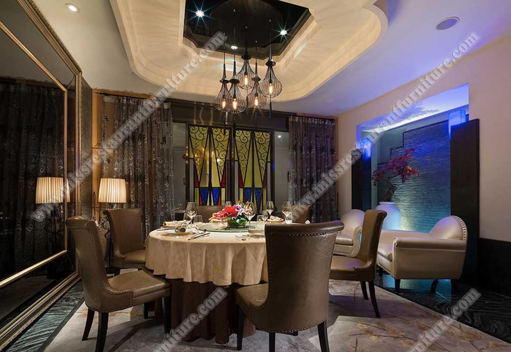 Malaysia Giga Babala restaurant furniture_round dining table and classic leather coffee chairs