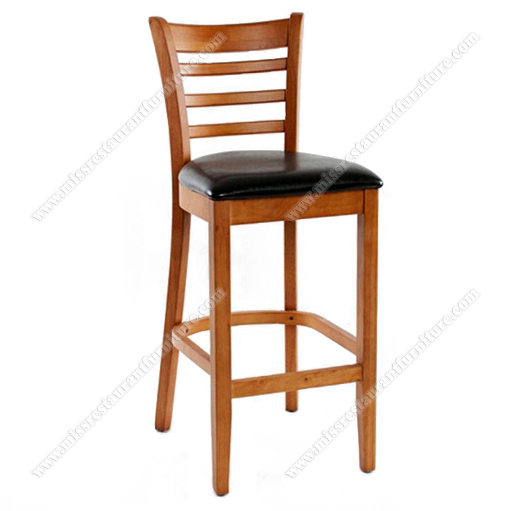 Durable ash wooden stripe back high bar stools bistro black leather seats high bar stool with footrest